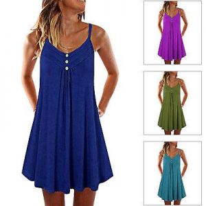    Summer Womens Sleeveless Strappy Button Midi Dress Casual Beach Holiday Sundress