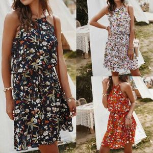    Women&#039;s Halter Neck Boho Dress Floral Print Sleeveless Mini Beachwear Sundress